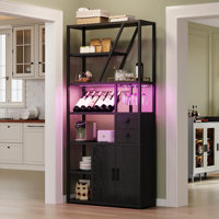 Tall Wine Bar Cabinet with LED Lights, Power Outlets, Wine Rack, and Microwave Stand – Multifunctional Coffee Bar Station for Kitchen or Living Room by Wrought Studio