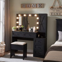 Farmhouse Vanity Makeup Desk With Charging Station, 43" Wide Vanity Desk With Lights Mirror, Drawers And Stool For Makeup by Gracie Oaks