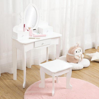 Make Up Vanity Set with Mirror and Stool Wooden Makeup Table for Ages 4 to 9 Kids Vanities Dress Up Playset for Bedroom and Playroom Furniture by Charlton Home
