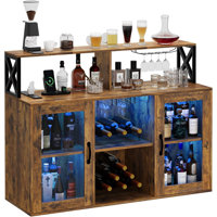 Freestanding Home Bar Cabinet with LED Light, Power Outlets, Wine Rack and Glass Holder