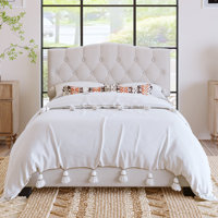 Upholstered Platform Bed with Saddle Curved Headboard and Diamond Tufted Details, Beige