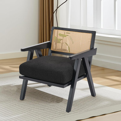Mid Century Modern Accent Chair, Comfy Living Room Chairs with Sturdy Wood Legs, Rattan Backrest