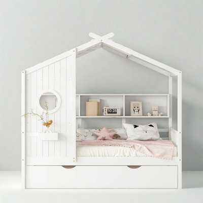 House Style Bed With Trundle And Shelves, Daybed With Roof by Harper Orchard