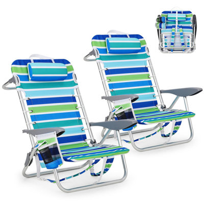 2Pcs Backpack Beach Chair for Adults Lightweight Portable Lay Flat Folding Beach Chair with 5 Positions, Backpack Straps, Phone Pocket, Cup Holder & T
