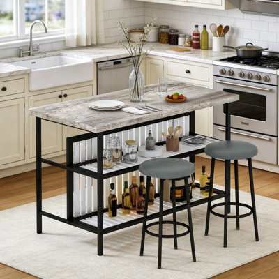 Kitchen Island With Seating & Storage Shelves, Wood Grain Counter Height Table With 2 Sar Stools For Kitchen, Modern 3 Piece Bar Table And Chairs Set by 17 Stories