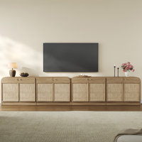 Boho TV Stand With 4 Rattan Storage Cabinets And Curved Top Edge, Farmhouse TV Entertainment Center For Tvs Up To 65