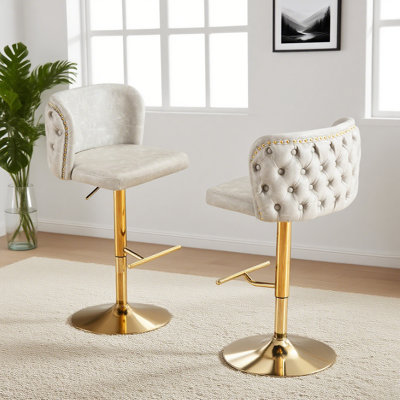 Swivel Bar Stools Set Of 2, Modern PU Upholstered Bar Stools, Velvet Adjustable Barstool High Back Upholstered Modern Barstools by House of Hampton