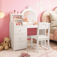 Kids Vanity Desk with Mirror and Lights, White Princess Wooden Makeup Vanity with Chair, Storage Shelves and Drawers, 2-in-1 Girls Dressing Table by Gemma Violet