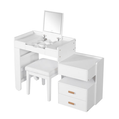 3-In-1 Makeup Vanity Desk With Flip-Top Mirror, LED Lighting, Adjustable Length & Ample Drawers - Stylish Multi-Functional Dressing Table For Home, Ma by Latitude Run