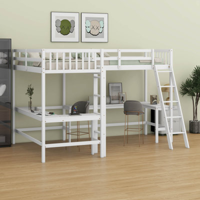 Wood Twin Size Loft Bed With Ladder, L-Shaped Loft Bed With 2 L-Shaped Desks by Harriet Bee