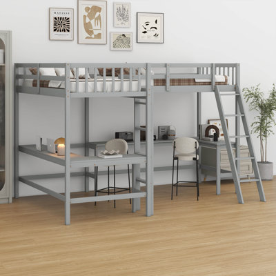 Wood Twin Size Loft Bed With Ladder, L-Shaped Loft Bed With 2 L-Shaped Desks by Harriet Bee