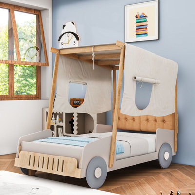 Wood Car Bed With Upholstered Headboard, Ceiling Cloth And LED Lighting by Zoomie Kids