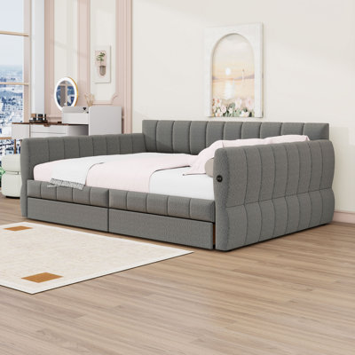Queen Size Upholstered Daybed with Built-In USB Ports and Dual Storage Drawers by Latitude Run