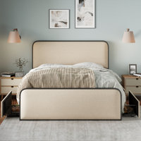 Modern Metal Bed Frame with Curved Upholstered Headboard and Footboard Bed with 4 Storage Drawers, Heavy Duty Metal Slats, Beige