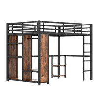 Queen Size Metal Loft Bed with Built-in Wardrobe, Desk, and Storage Shelves, Woodgrain Space-Saving Loft Bed Frame by Mason & Marbles