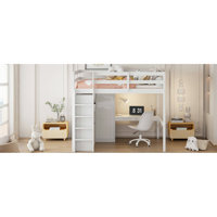 Wood Loft Bed With Built-In Wardrobe, Desk, Storage Shelves And Drawers,