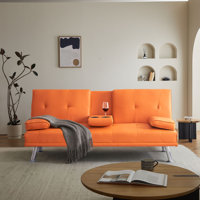 Classic PVC Leather Upholstered Convertible Futon Sofa Bed with Cup Holders by Latitude Run