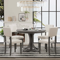 5-Piece Retro Round Dining Table Set with Curved Trestle Style Table Legs and 4 Upholstered Chairs for Dining Room by Lark Manor