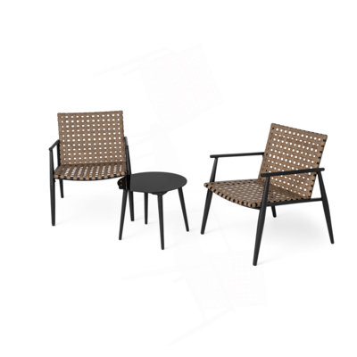 Modern Outdoor Chat Set: 2 PE Rattan Chairs + Black Steel & Tempered Glass Side Table – Durable & Stylish