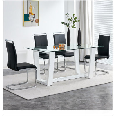 Glass Dining Table Large Modern Minimalist Rectangular for 6-8 with 0.4" Tempered Glass by Wrought Studio