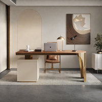Modern Minimalist Luxury Wood Desk with Stainless by Everly Quinn