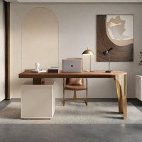Modern Minimalist Luxury Wood Desk with Stainless by Everly Quinn