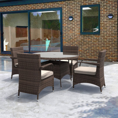 Abrihome 5-piece Outdoor Dining Set With Round Table In Pe Wicker And Cushions
