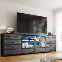 71"w Modern Tv Stand With 12 Drawers, Led Lighting & Built-in Power Outlets For 65/75/80 Inch Tvs, Fabric Storage Dresser With Mesh Door Compartments by Wrought Studio