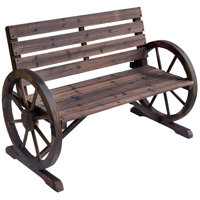 Outsunny 41" Wooden Wagon Wheel Bench, Rustic Outdoor Patio Weather Resistance Furniture, 2-Person Slatted Seat Bench with Backrest by Gracie Oaks