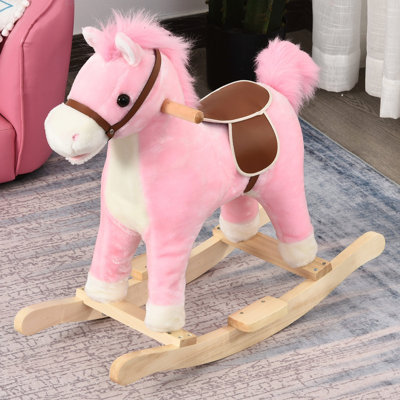 Qaba Rocking Horse Plush Animal On Wooden Rockers, Baby Rocking Chair With Sounds, Moving Mouth, Wagging Tail by Harper Orchard