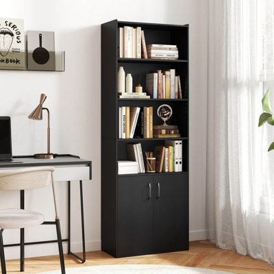 70" Bookcase with Adjustable Shelves 2-Door Cabinet Multipurpose Display Rack Black by Latitude Run