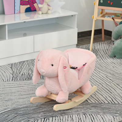 Qaba Rabbit Wooden Rocking Horse With Simulated Sound, Wooden Base, Seat Belt, Plush Stuffed Rocking Chair For Baby, Toddler, 18-36 Months by Harper Orchard