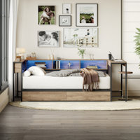 Corner Bed Frame Twin Size With Bookcase And 2 Underbed Storage Drawers, Modern Twin Bed With LED Light And Charging Station by Wrought Studio