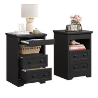 Wooden Nightstand Set Of 2, Bedside Table With 2 Drawers And Open Shelf, End Table With Pull-Out Tray, Side Tables For Living Room And Bedroom, Grey O by Lark Manor
