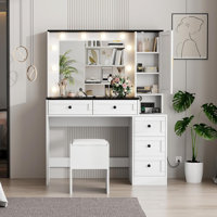 Makeup Vanity Set w/ 10 LED Lights & Charging Station - 5 Drawers, 3-Tier Cabinet, Stool - Easy Assembly by Lark Manor
