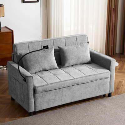 56.9" Loveseat Sofa Pull-out Sofa Bed Sleeper Sofa with a Reversible Backrest Cushion, Side Pockets, Two USB Ports and a Phone Holder for Living Room by Latitude Run