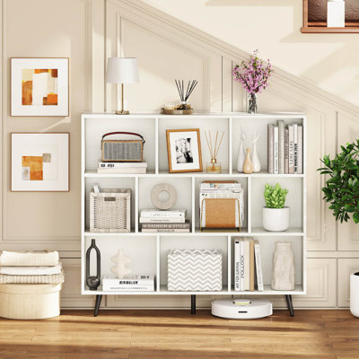 10 Cube Bookcase 3-Tier Modern Storage Organizer with 5 Metal Legs Bookshelves by George Oliver