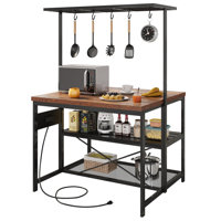 48" Kitchen Island with Power Outlets - Mobile Bakers Rack with 3 Shelves, Microwave Stand & 5 Hooks, 400lb Capacity (Brown) by 17 Stories