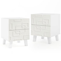 2PCS Mid Century Modern Bedside Table w/2 Storage Drawers 3D Geometric Patterns by George Oliver
