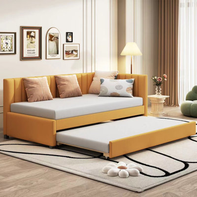 Yellow Linen Upholstered Twin Size Daybed with Trundle, Sofa Bed Frame with Wood Slats, No Box Spring Needed by Latitude Run