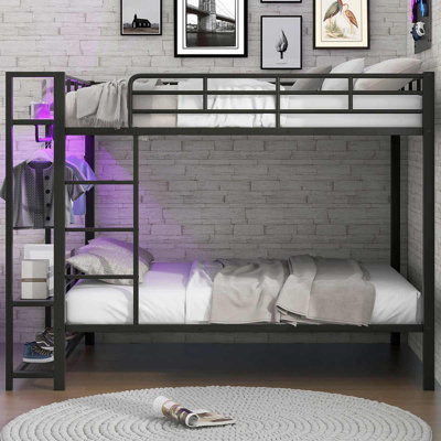 Full Size Metal Bunk Bed With Storage Mesh Shelves And LED Light Stylish Space-Saver by Isabelle & Max