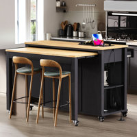47-inch Kitchen Island (black): With Extendable Dining Table, Rubberwood Veneer, Includes Internal Storage Shelves, Electrical Outlets, 2 Drawers And by Lark Manor