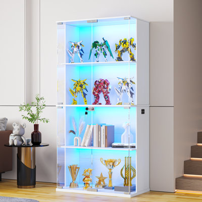 Display Cabinet With Glass Doors, 66" Lighted Display Case With 3 Color Lights, 4-tier Bookcase With Human Body Sensor by Wrought Studio