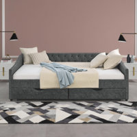 Queen Size Daybed with Drawers - Tufted Sofa Bed with Copper Nail Trim by Wildon Home