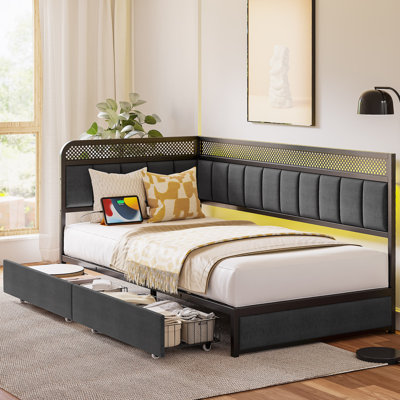 Modern Daybed With Storage & Charging - Corner Design, Led Lights by Ivy Bronx