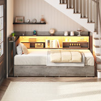 Corner Bed Frame With Bookcase Storage And PU Upholstered, Twin Daybed With 2 Drawers And Charging Station by Ivy Bronx