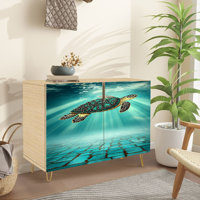 Sideboard Buffet Cabinet with Storage Stylized Underwater Vista Turtle Cracked Ceramic Tiles with 2 Doors for Living Room and Kitchen