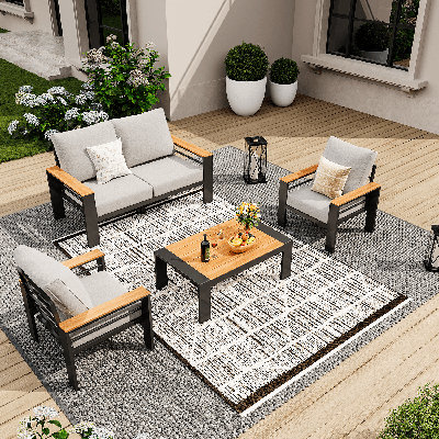 Outdoor Couch Aluminum Patio Furniture Sofa, 4 - Person Seating Group With Cushions, 4 Piece Conversation Sets With Removable Cushion