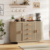 47" Fluted Buffet Cabinet with Sliding Doors & 4 Drawers, Modern Oak Coffee Bar Storage for Dining/Living Room
