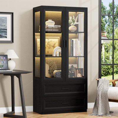 Display Cabinet With Led Lights, Curio Storage Cabinet With Acrylic Doors & 2 Drawers, 67" Bookcase Display Case For Collectibles, Human Body Sensor, by Wrought Studio